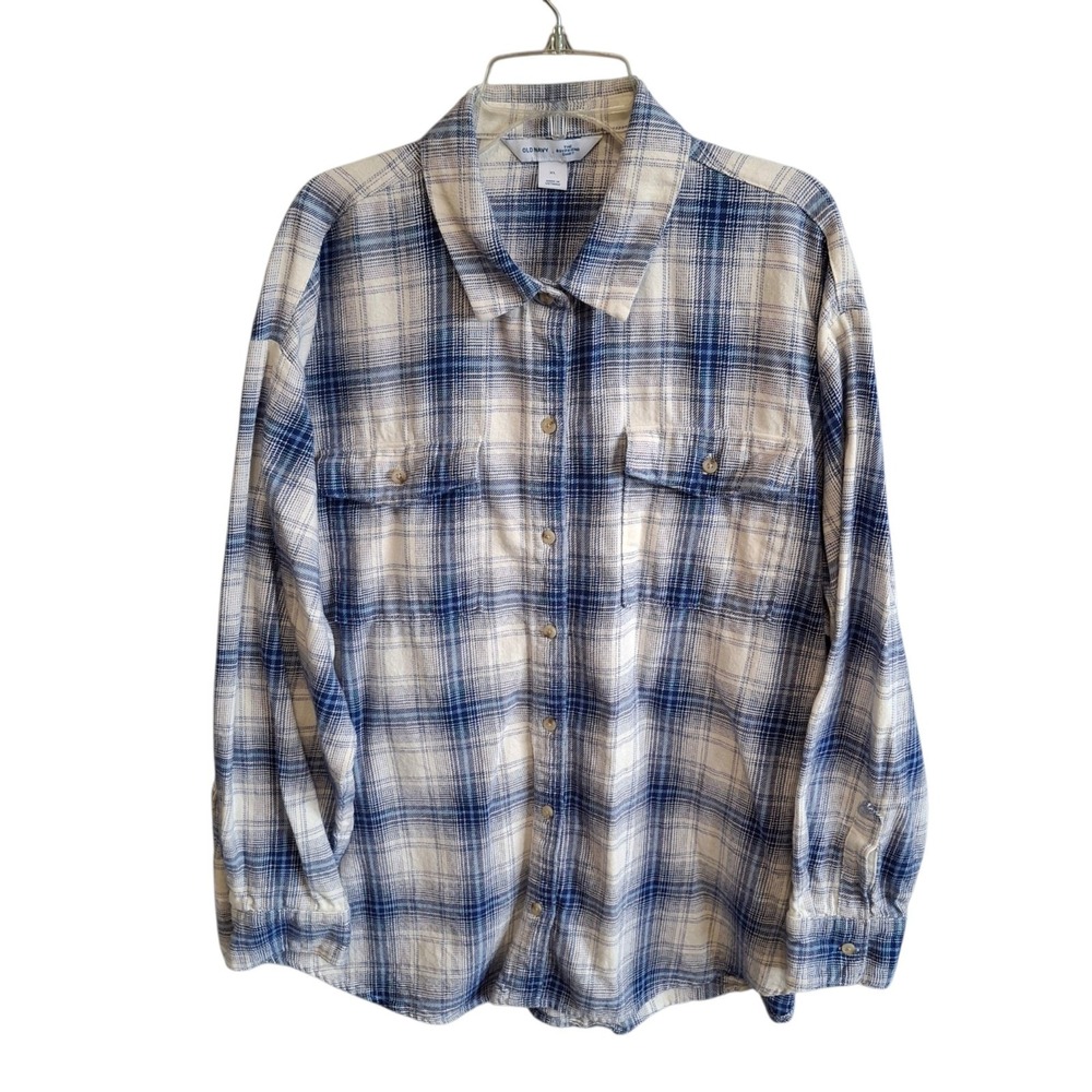 Old Navy The Boyfriend Shirt Womens XL Blue White Plaid Cotton Flannel Button